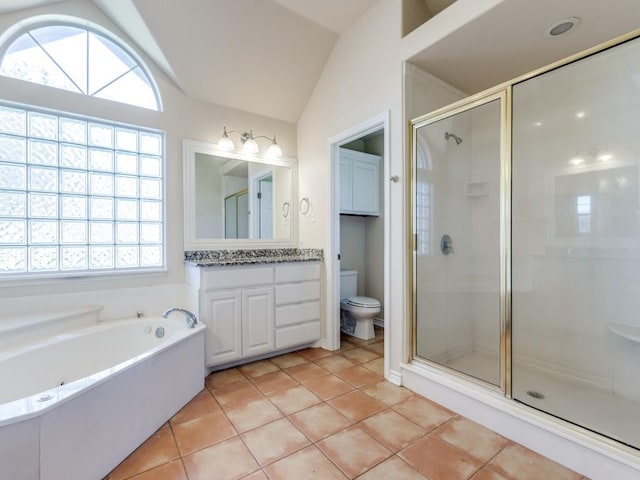 bathroom featuring vaulted ceiling, a stall shower, toilet, and tile patterned floors