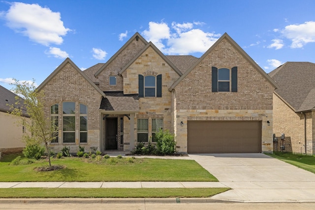 french country style house with driveway, brick siding, stone siding, roof with shingles, and a front yard