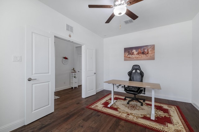 office space featuring baseboards, visible vents, ceiling fan, and wood finished floors