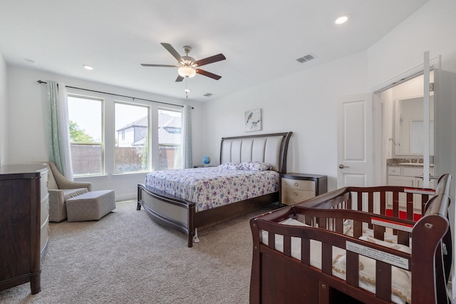 bedroom featuring baseboards, visible vents, a ceiling fan, carpet, and recessed lighting