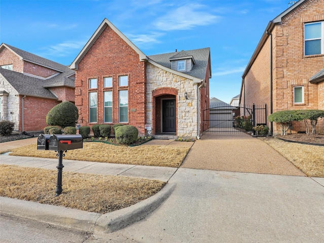 view of front facade with a shingled roof, stone siding, brick siding, and a gate