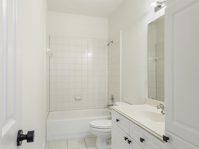 bathroom featuring toilet, tile patterned flooring, shower / tub combination, and vanity