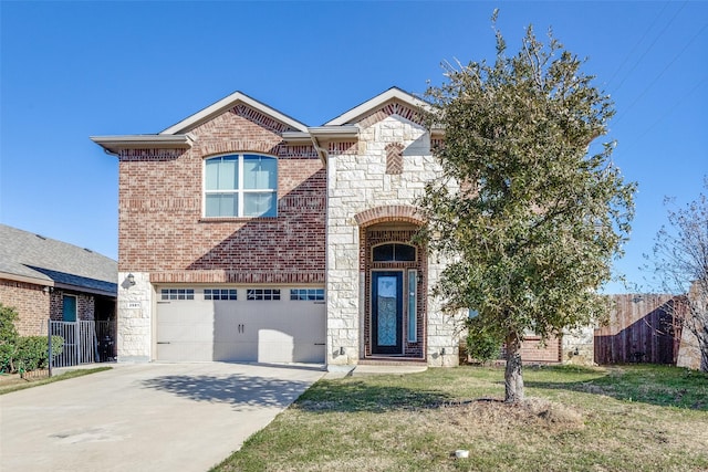 view of front of home with brick siding, concrete driveway, fence, a garage, and stone siding