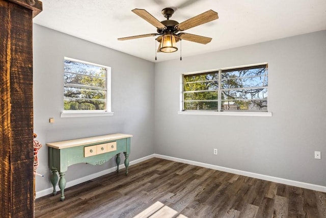 unfurnished room featuring a wealth of natural light, baseboards, and dark wood-style floors