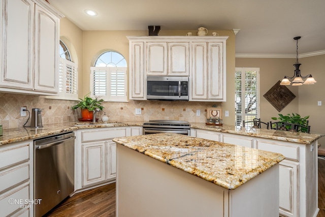 kitchen featuring a healthy amount of sunlight, dark wood finished floors, stainless steel appliances, and a sink