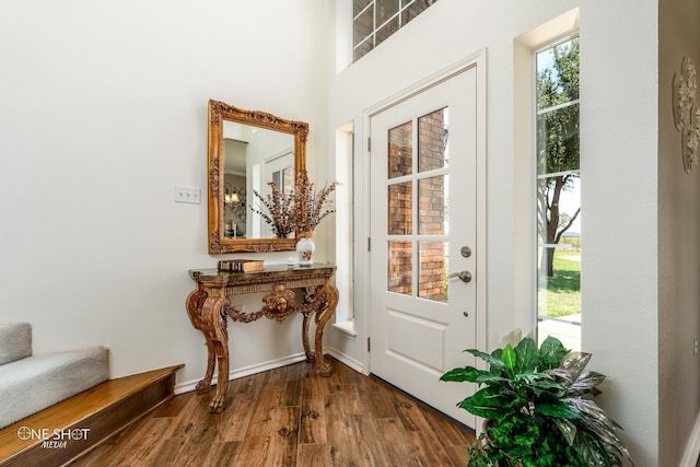 doorway with stairs, baseboards, and wood finished floors