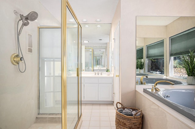 bathroom featuring a shower, a bath, and tile patterned floors