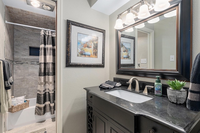 full bath featuring shower / bathtub combination with curtain and vanity