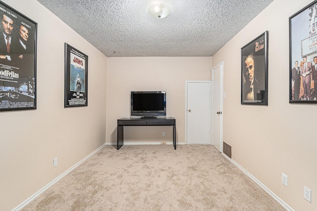 carpeted office with baseboards and a textured ceiling