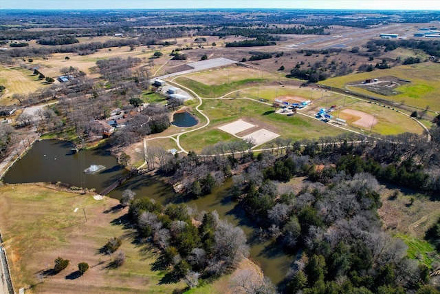 aerial view featuring a water view and a rural view