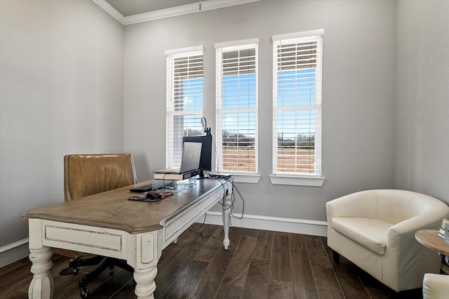 home office with crown molding, baseboards, and dark wood-style flooring