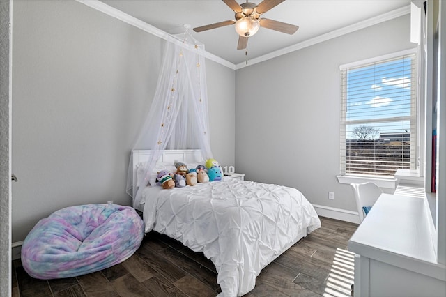 bedroom featuring ceiling fan, baseboards, crown molding, and dark wood-type flooring