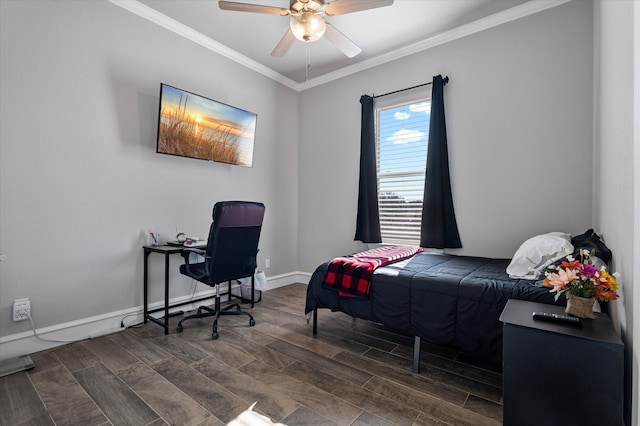 bedroom with baseboards, ceiling fan, wood tiled floor, and crown molding