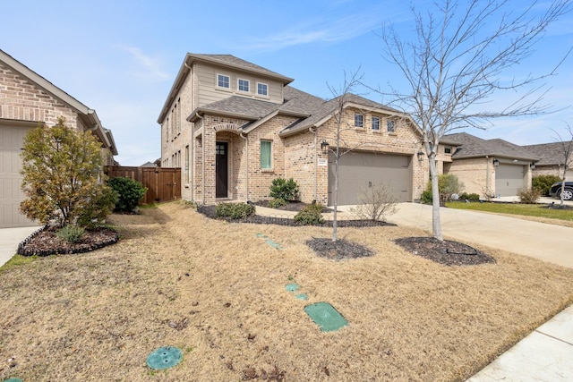 2227 Rothbury Dr, Forney, TX 75126 - view of front of house featuring a garage, brick siding, a shingled roof, fence, and concrete driveway