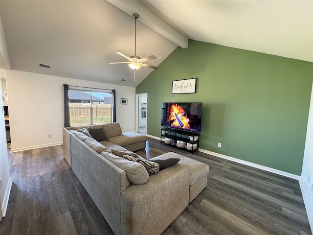 living room with dark wood-style floors, beam ceiling, visible vents, high vaulted ceiling, and baseboards