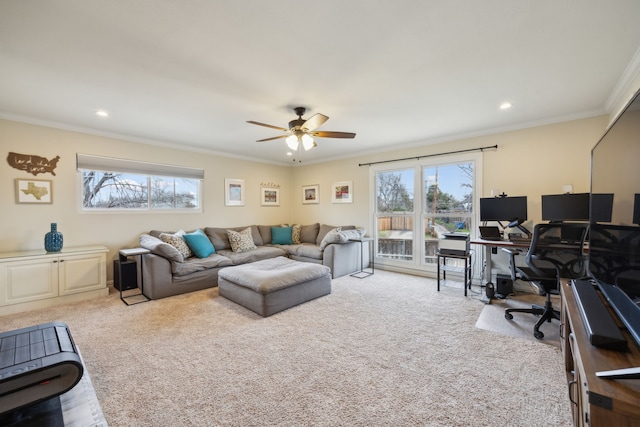 living room with ornamental molding, carpet, recessed lighting, and a ceiling fan