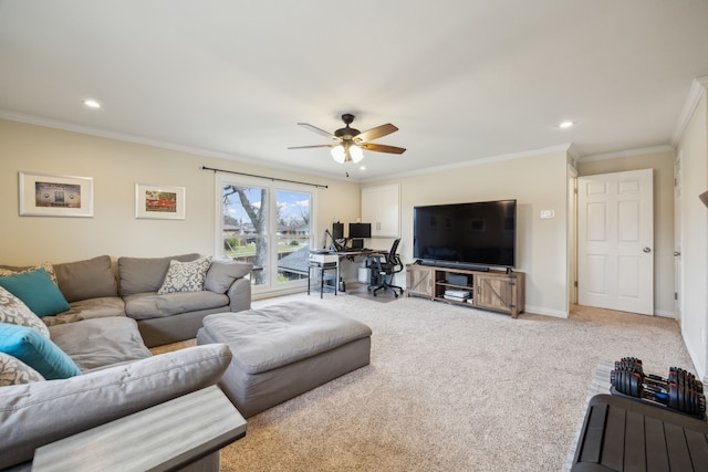 carpeted living area with ornamental molding, recessed lighting, ceiling fan, and baseboards