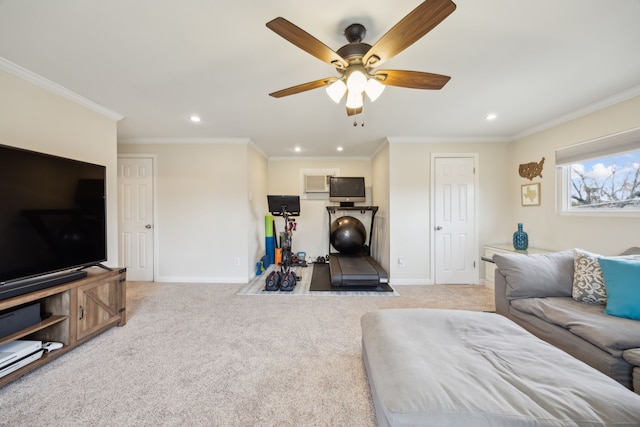 carpeted bedroom featuring ornamental molding, recessed lighting, ceiling fan, and baseboards