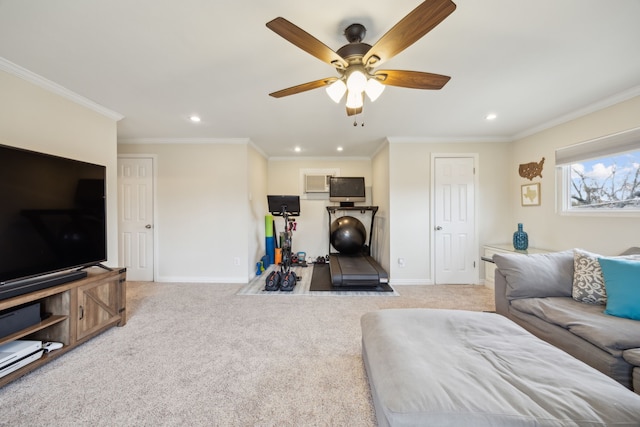 10125 Lanshire Dr, Dallas, TX 75238 - living room with crown molding, baseboards, recessed lighting, a ceiling fan, and carpet floors