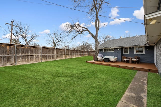 view of yard featuring a fenced backyard and a wooden deck