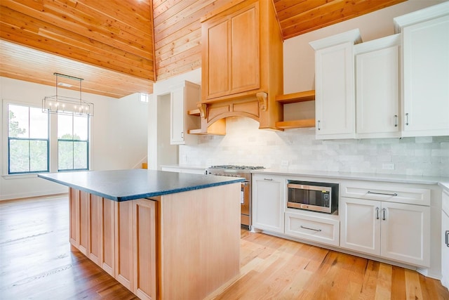 kitchen with open shelves, stainless steel appliances, tasteful backsplash, light wood-style floors, and wood ceiling