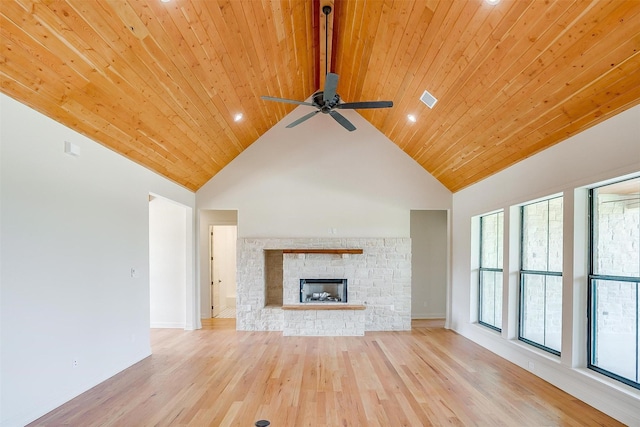 unfurnished living room with high vaulted ceiling, light wood-style flooring, a fireplace, wood ceiling, and visible vents