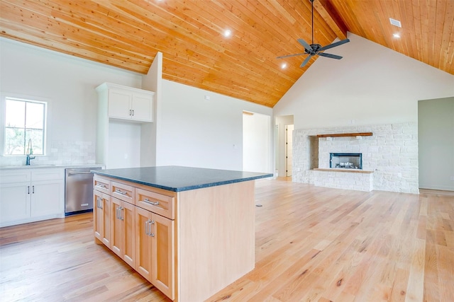 kitchen with light wood-style floors, wood ceiling, dishwasher, and a sink