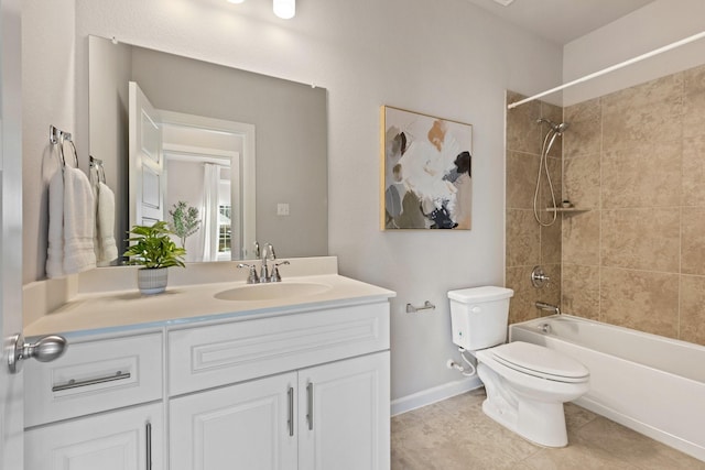 full bath with toilet, vanity, baseboards, tile patterned floors, and washtub / shower combination