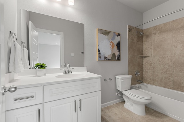 bathroom featuring baseboards, toilet, tile patterned floors, vanity, and shower / bathing tub combination