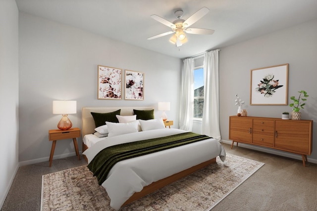 bedroom with ceiling fan, carpet floors, and baseboards