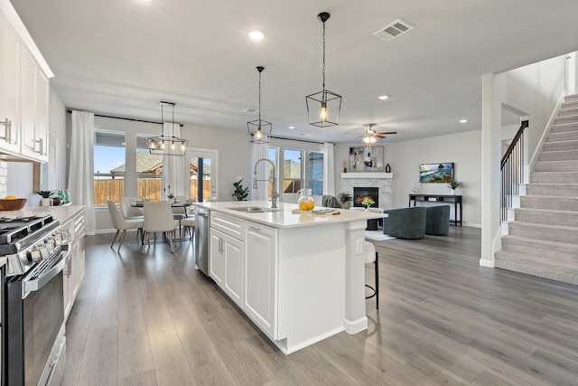 kitchen with stainless steel appliances, wood finished floors, a sink, and a stone fireplace