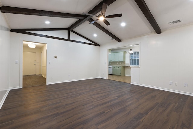 unfurnished living room featuring vaulted ceiling with beams, ceiling fan, visible vents, baseboards, and dark wood finished floors