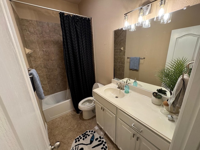 bathroom with toilet, shower / tub combo, tile patterned flooring, and vanity