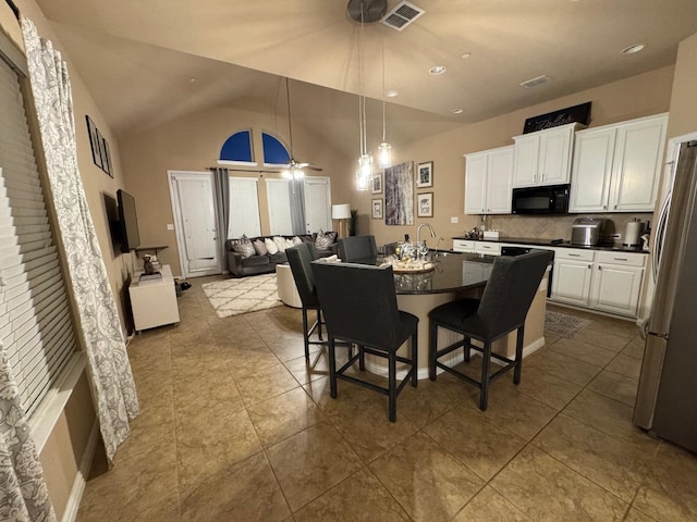 dining space featuring recessed lighting, visible vents, ceiling fan, high vaulted ceiling, and tile patterned floors