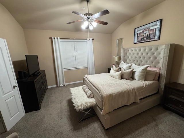 bedroom featuring lofted ceiling, carpet flooring, a ceiling fan, and baseboards