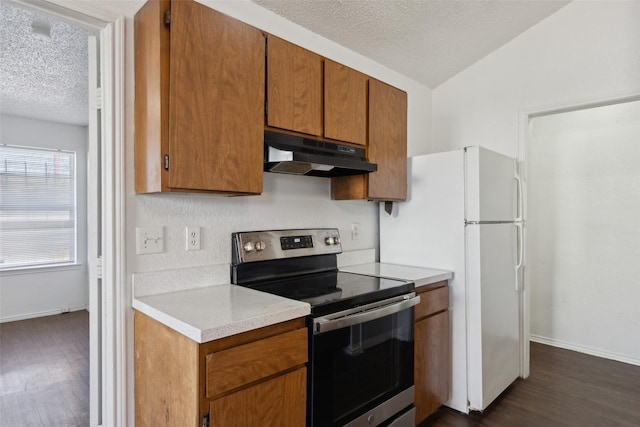 kitchen featuring light countertops, brown cabinetry, a textured ceiling, stainless steel range with electric stovetop, and under cabinet range hood