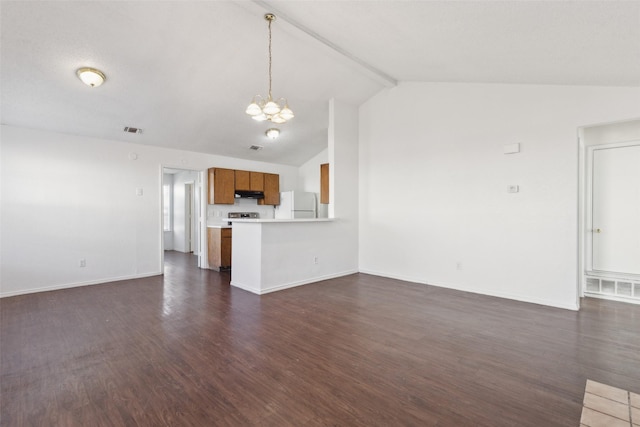 unfurnished living room featuring baseboards, visible vents, lofted ceiling with beams, dark wood-type flooring, and an inviting chandelier