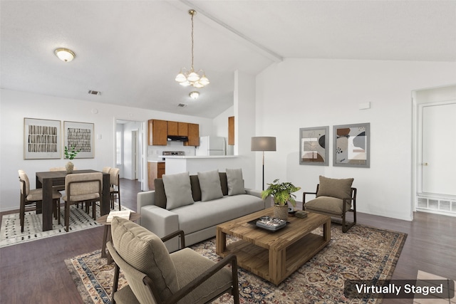 living room with dark wood-style flooring, visible vents, beam ceiling, and an inviting chandelier