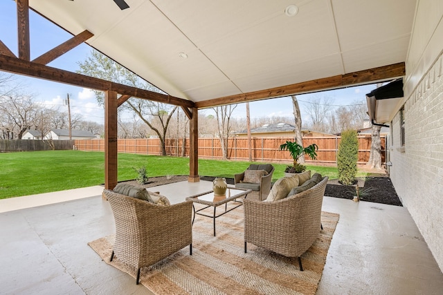 view of patio with a fenced backyard and an outdoor hangout area