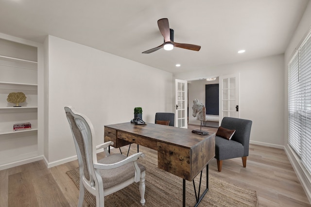 home office featuring ceiling fan, recessed lighting, light wood-style flooring, and baseboards