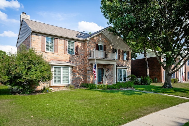 view of front facade with brick siding, a chimney, a front yard, and a balcony