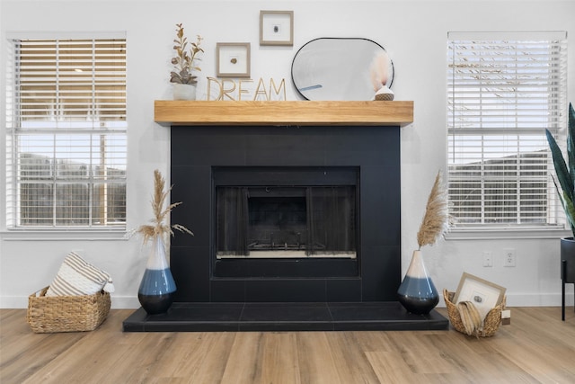 room details featuring a fireplace, baseboards, and wood finished floors