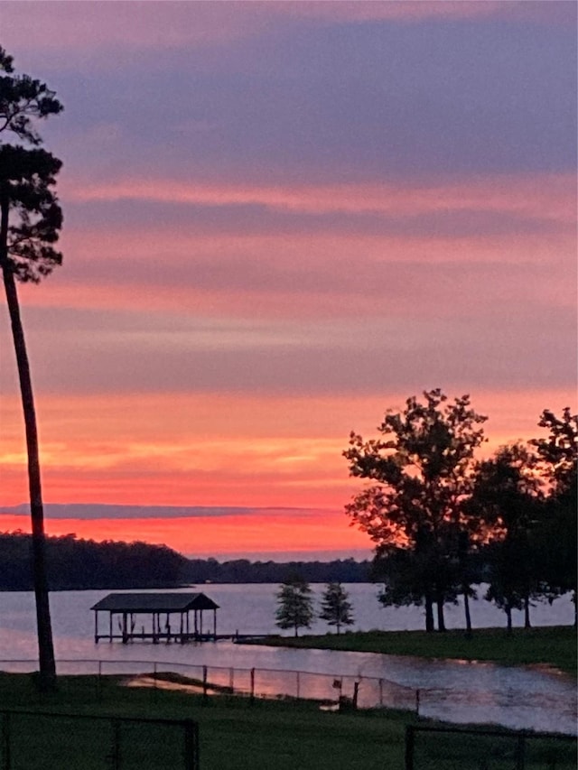 property view of water with a dock