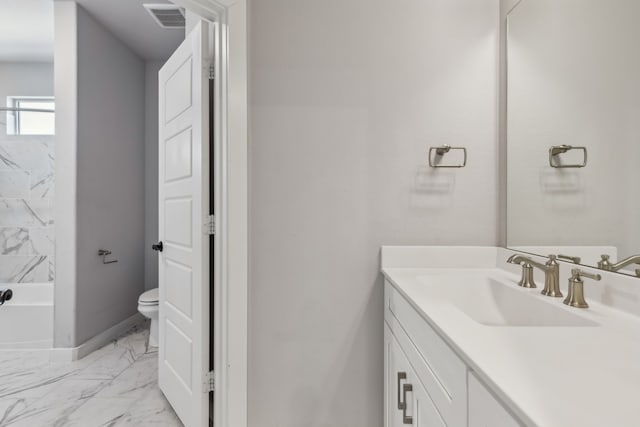 full bathroom featuring visible vents, marble finish floor, vanity, and toilet