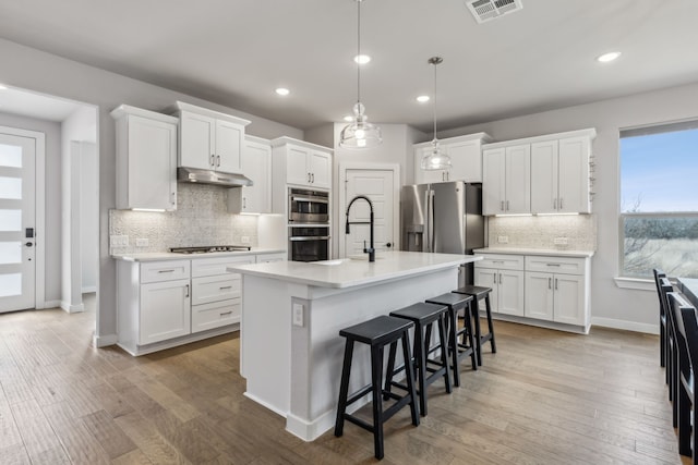 kitchen featuring visible vents, appliances with stainless steel finishes, wood finished floors, under cabinet range hood, and a sink