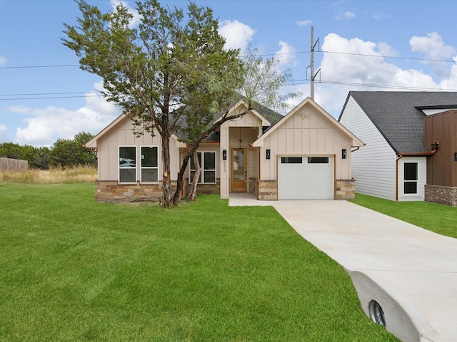 view of front facade featuring a garage, driveway, a front lawn, and board and batten siding