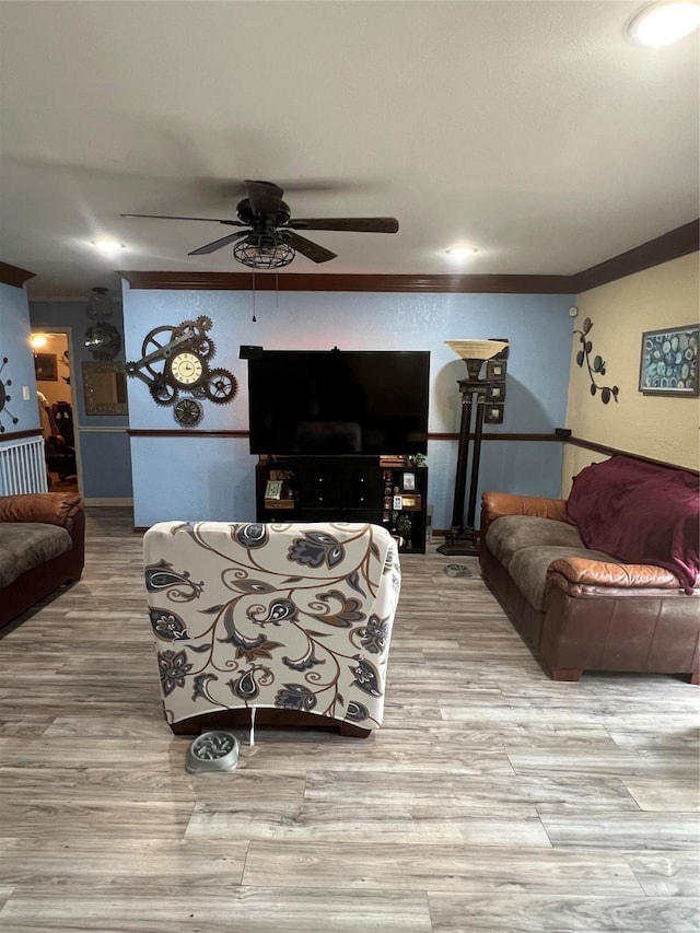 living room featuring a ceiling fan, crown molding, and wood finished floors