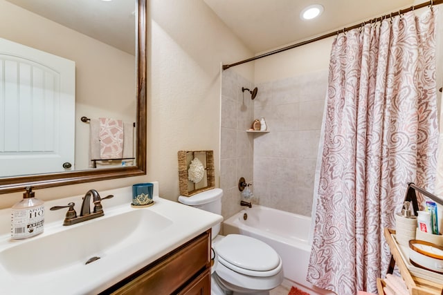 full bathroom with recessed lighting, shower / bathtub combination with curtain, toilet, and vanity