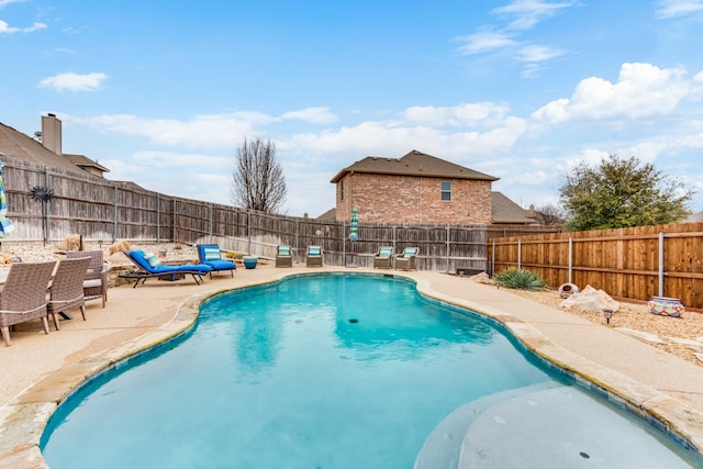 view of pool featuring a fenced in pool, a patio area, and a fenced backyard