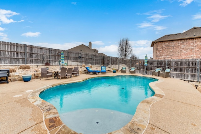 view of swimming pool featuring a patio, a fenced backyard, and a fenced in pool